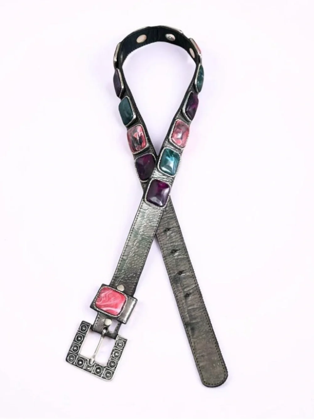 Vintage Y2K Leatherock Jeweled Leather Belt Western Boho Statement USA